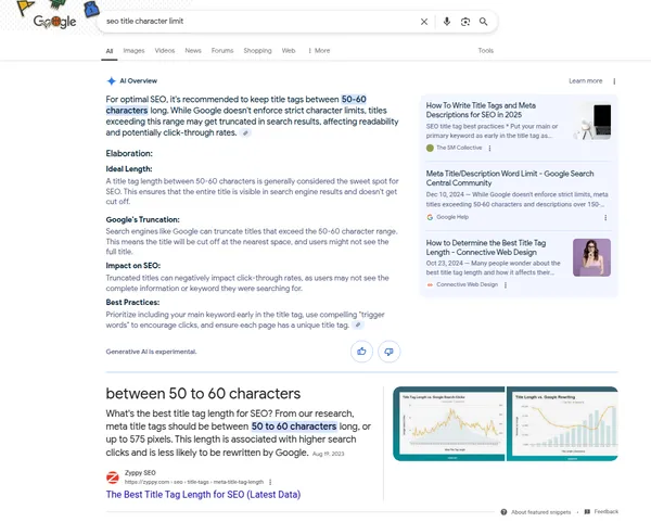 AI overview result for the query: seo title character limit. It shows a summarised answer with the following phrase highlighted: 50-60 characters.