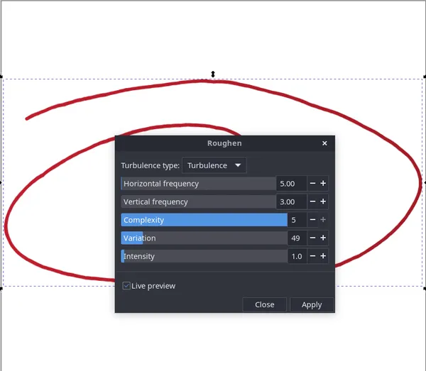 Circular line drawn in Inkscape illustrator with the roughen filter dialog open