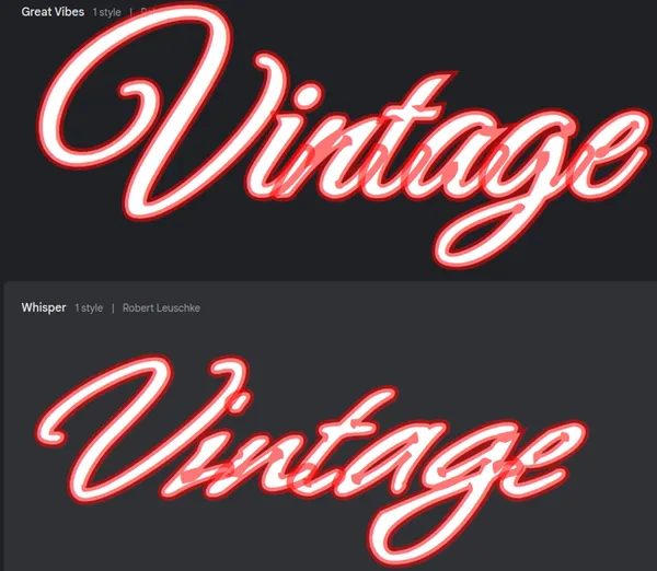 the word 'vintage' is shown using 2 different cursive fonts with a red stroke. The stroke is inaccurate and covers the fill area