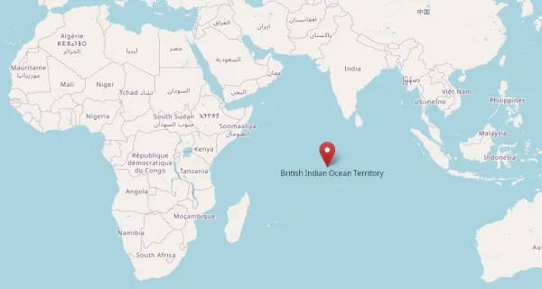 Map of the world pointing out the location of the British Indian Ocean Territory. It is in located in the Indian Ocean, on a similar latitude to Tanzania, and south of India.
