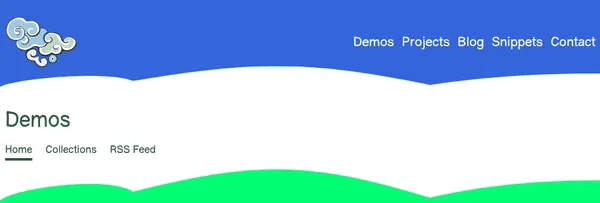 Screenshot of secondary nav of roboleary.net. The Demos page has a secondary nav under the site header. It has a title of Demos. Underneath it has 3 links of: home, collections, and RSS feed. The home link has a line underneath to indicate it is the current page.