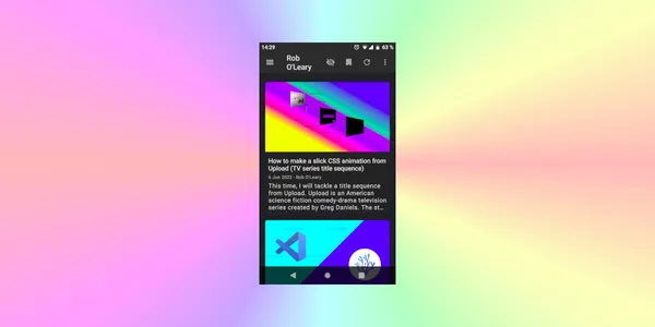 A screenshot of the Feeder Android app showing the RSS feed for my blog, is centered against a brightly coloured background.