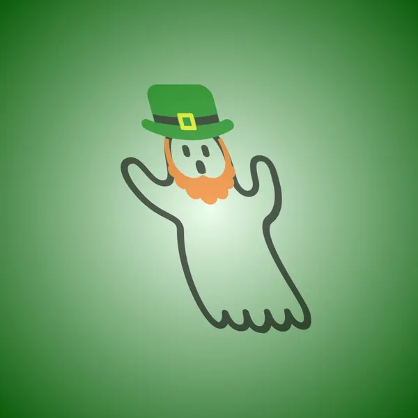 A cartoonish leprechaun ghost is wearing a green hat with a buckle and has an orange beard. He is in a haunting pose.