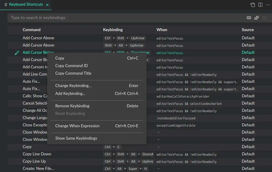 screenshot of keyboard shortcut editor