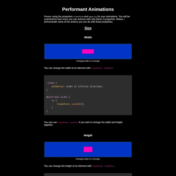 A screenshot of a the Performant CSS animations cheatsheet outlining how you can animate the width of an element using the scaleX transform function.