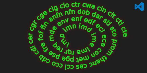 There is a spiral of green words with a reddish glow. The words are all abbreviations. There is a black background. In the top right corner is the VS Code icon.