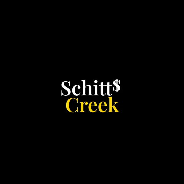 The text 'Schitts Creek' is cast against a black background. The first word has a white fill, and the second, a gold fill. The last S of the first word is aligned higher than the rest of the characters, and has 2 vertical lines running through it to make it look like a dollar sign.