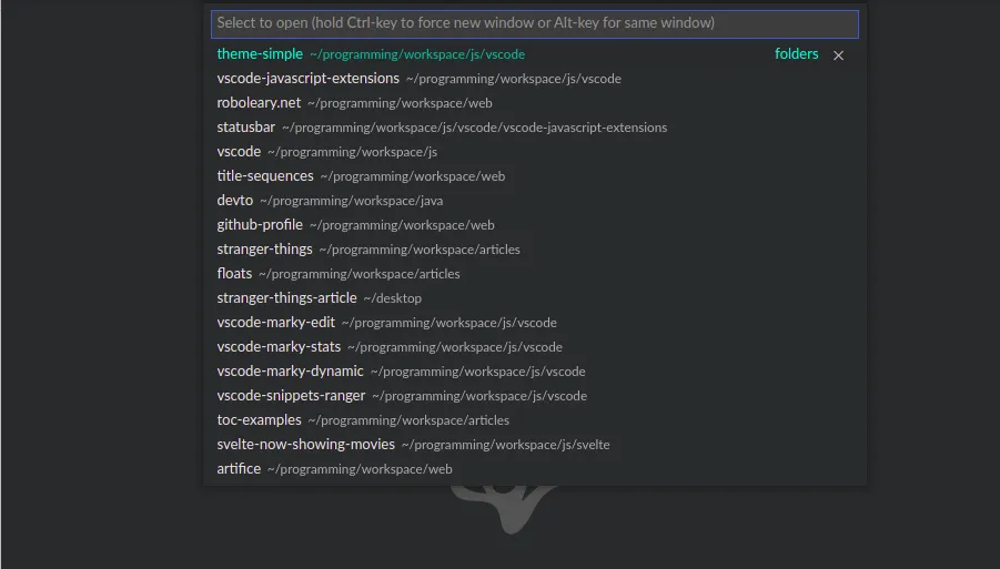 vscode open recent command