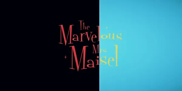 The title card for The Marvelous Mrs Maisel in the midst of animation. The animation is like a curtain being pulled across. The effect changes the background color and the text color as it shifts from right to left.
