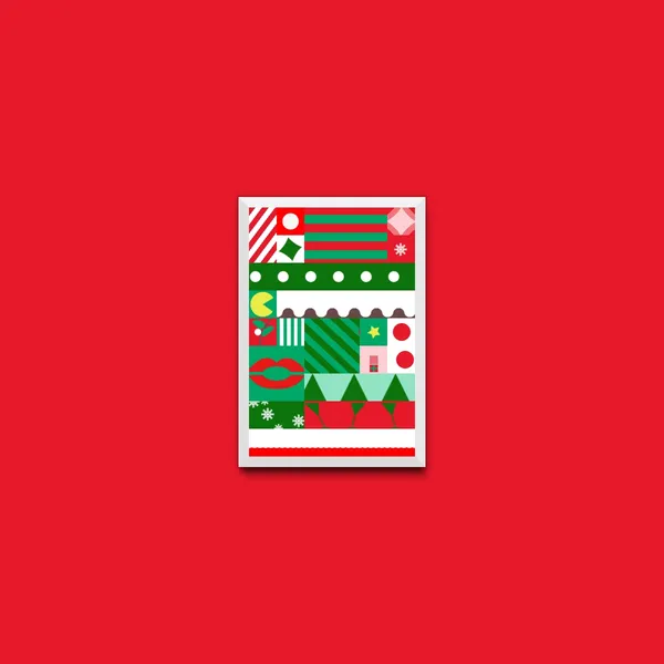 A framed item is in the center of image against a red background. It contains a colorful grid of christmas patterns featuring bold colours. The patterns mimick christmas themes such as the red and white candy stripes of candy canes, the furry red and white lining of santa's outfit, and the white and green polka dots of the garments of santa helpers, mistletoe, ivy berries, and many more.