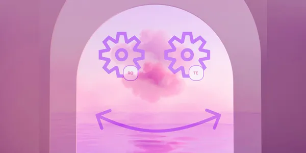 A strange mr blobby like character has gears for eyes with abbreviations under them and a wide smile