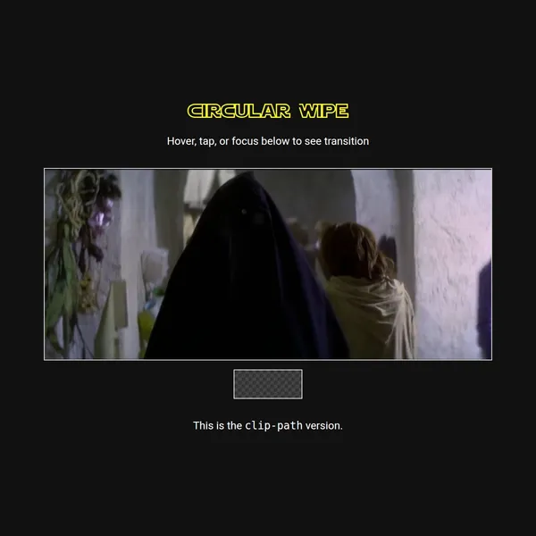 A scene from the movie Star Wars is shown in a box. Above the box, it says: Hover, tap, or focus below to see transition.