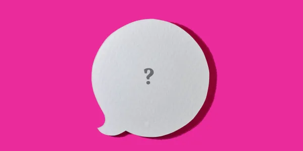 A floating speech bubble has a question mark inside it. It is flanked by a bright pink background.