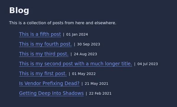 Blog list that has 6 local posts and 2 external posts referenced from a data file