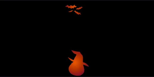 Some silhouettes with an orangeish hue are set against a black background. The first silhouette is in the shape of a pumpkin with a witches hat. The second silhouette is a group of bats.