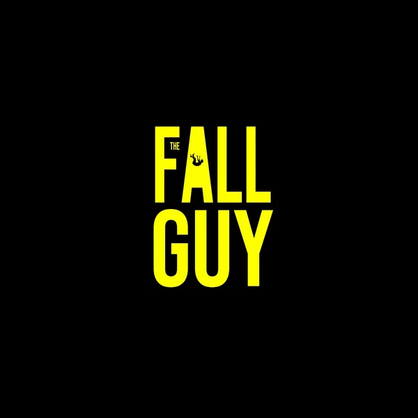 The title with the text 'The Fall Guy' is large and has a yellow fill. The word 'the' is nestled inside the arms of the letter F of the second word. Above the title is the silhoutte of a man falling.