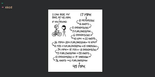 A terminal is shown running the xkcd command. Underneath is an image of an XKCD comic.