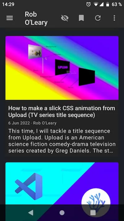 my feed in feeder app with each item having a image, title, and summary