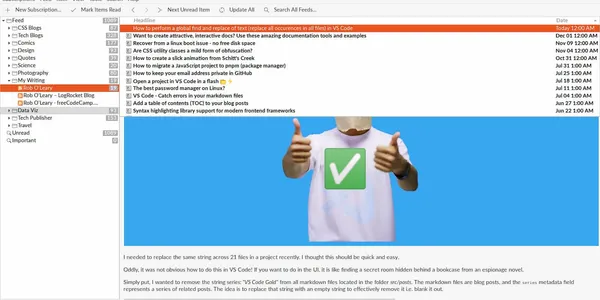 A feed reader is showing an article that an image of a man giving two thumbs up.