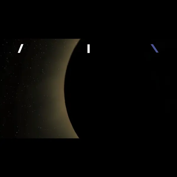 A distant dark planet has a brownish glow. There are 3 oblique white blocks across the top of the image.