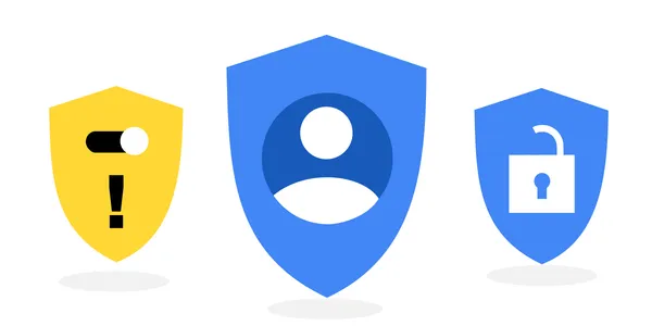 Three logos are lined up against a white background. The first one looks like a warning with a toggle switch in the off position. The middle one is slight bigger and features a logo of an anonymous person. The third logo shows a broken padlock.