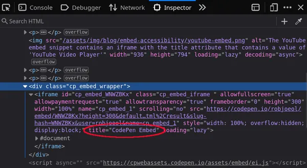 The Codepen embed creates an iframe with the title attribute that contains a value of 'Codepen embed'