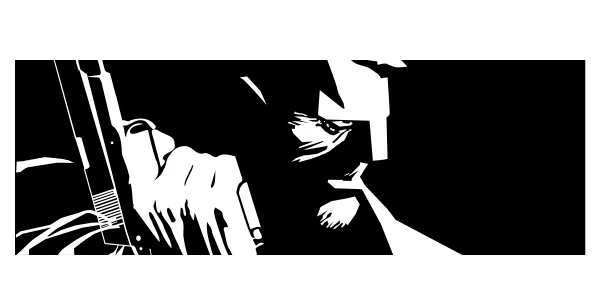 A panel from a page from the graphic novel Sin City. It features Marv in a side profile look intently with a gun in his hand pointing up.