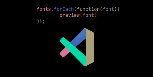 A code block with the text: fonts.forEach(function(font){ preview(font))};. The VS Code logo is adapted to use 4 different colours.