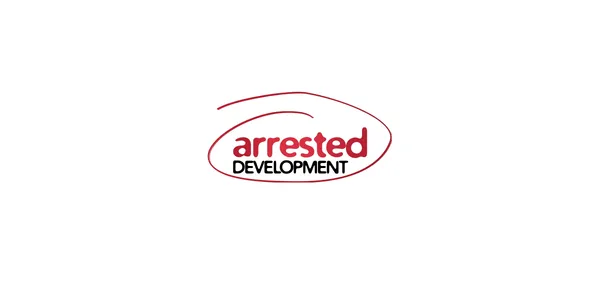 The title card for the TV Series Arrested Development. The title is broken up on 2 lines. The first word is in red in lower case. The second word is in black and is in uppercase. The title is encircled by a red marked line.