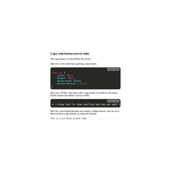 A page with 3 code blocks with copy code buttons.