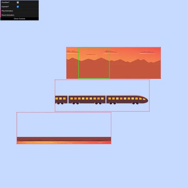 A drawing of a train travelling through a gilded landscape is broken into 3 layers. The first layer is the background showing a mountain range at sunset. The second layer is a train. The third layer is the foreground, which is the ditch the train is built on with a river below it.