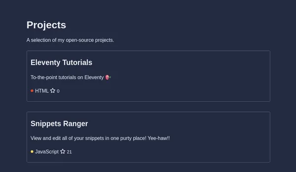 screenshot of the projects page displaying 2 cards for projects Each card has a title, description, language and count for stars.