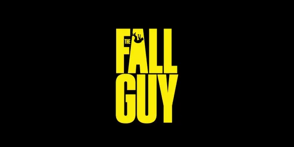 The title card for the movie The Fall Guy. The title text is in a bold, yellow serif font. The letter 'A' has the counter (open area) filled in. In its place is a silhouette of a falling man.