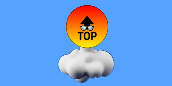 A bright orange circle has an arrow with top inside it, and it has a cartoonish explosion of smoke coming from the bottom of it.