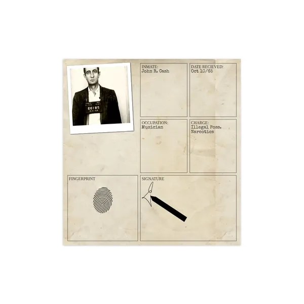 A criminal rap sheet for Johhny Cash. There is a polaroid mugshot in the top left corner. It has typed info for each section: inmate, date recieved, occupation, and charge. The fingerpint and signature sections are empty.