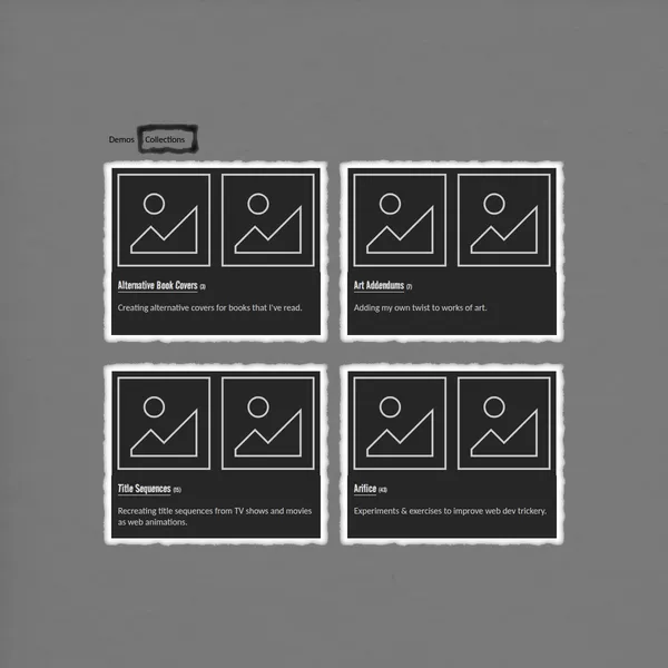 An alternative layout of the demo collections page for my website. It has a writerly vibe and has a dark color theme. Each card has a paper background with frayed edges.