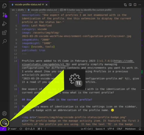 The profile badge on the manage activity item. It features the first 2 letters of the profile you are using. It has the text 'TE' in the badge since I am using the Teaching profile.