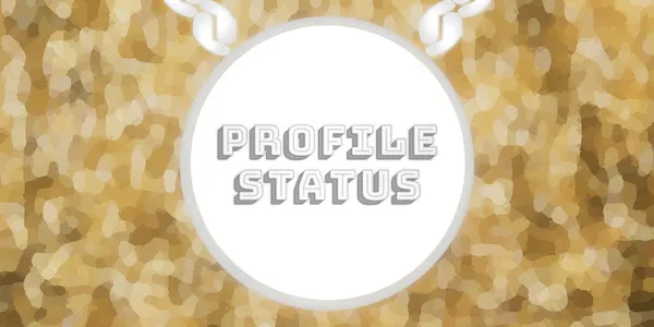 A white badge with the words 'profile status' is cast against a glittery background