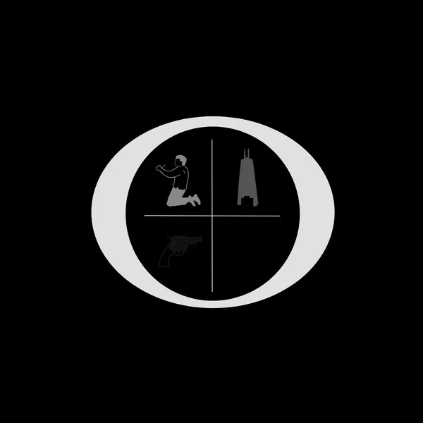 A giant, white letter O is cast against a black background. The space inside the letter is divided into quadrants by 2 lines. The first quadrant has a silhoutte of a man on his knees with a cable-tie around his wrists. The second quadrant has a mysterious object."