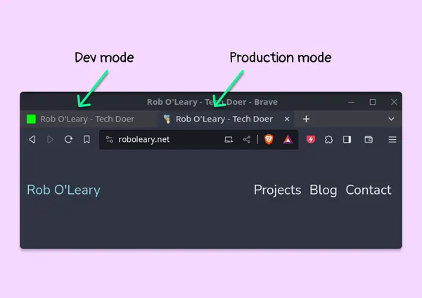 two tabs open in a browser. the left tab shows a bright green square as the favicon for the dev version of website, and the right tab shows rob's actual favicon for the prod version of the website
