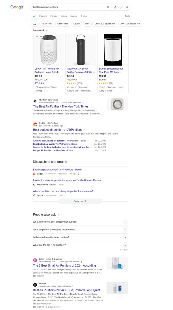 Search on google.com for 'best budget air purifiers' on may 31 2024. The top results are for sponsored results, new york times, reddit, better homes and garden wired.