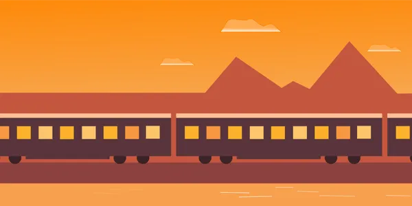 A vector image of a train riding through a mountaineous countryside at sunset with everything gilded.