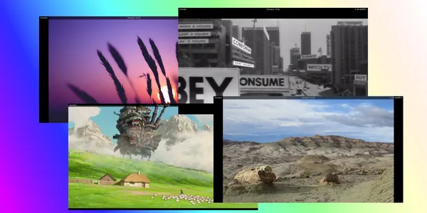 Four screenshots of desktops with different wallpapers are arranged in a overleaved pile