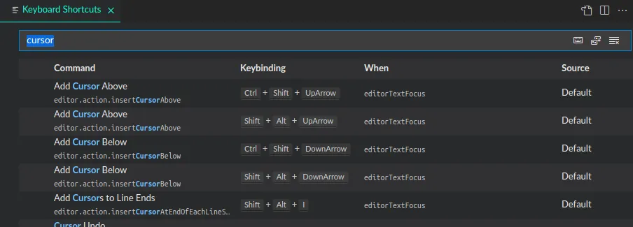 cursor commands in keyboard shorcut editor to demonstrate the when clause