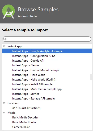 android studio import code sample options