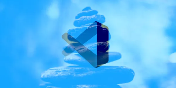 A blue overlay with vscode logo is shown against a stack of flat stones.