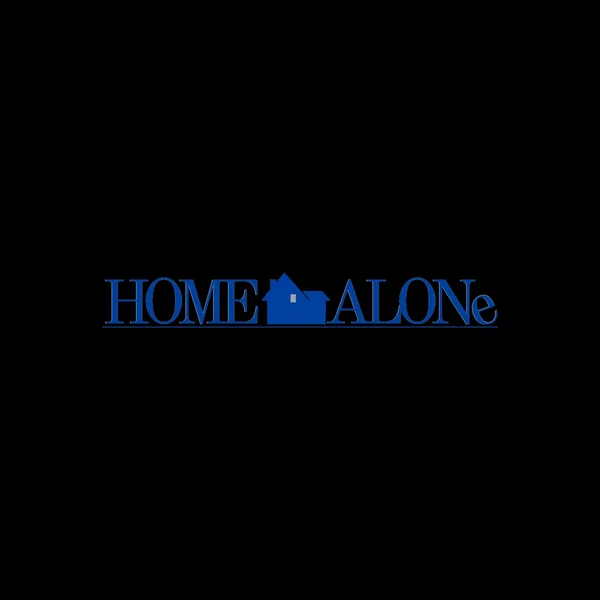 The title card for Home Alone. The text is blue and uses a serif font. A blue silhouette of a house sits between the words with a window illuminated.