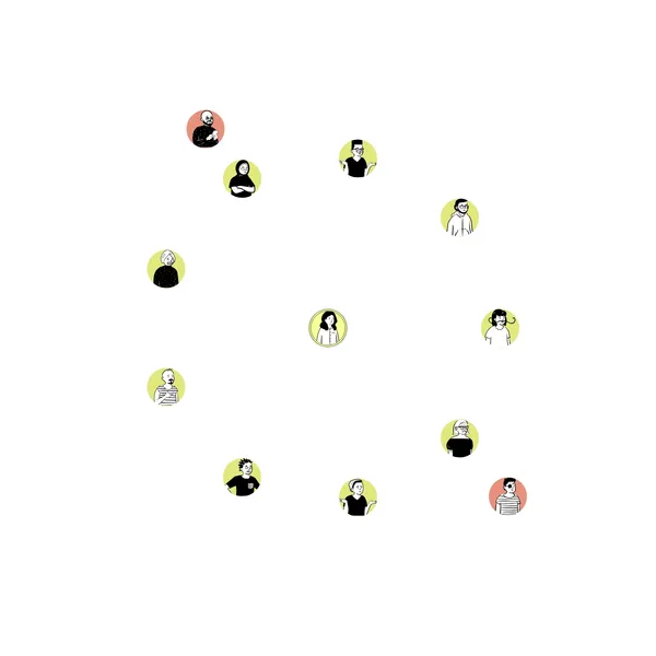 A range of cartoon faces are organised around a cental character. The central character is a woman who has a double lined border and yellow background. Arranged around her in a circle, at equal distances, are 10 people with a yellow background. One man with an eye-patch is further away with a red background.