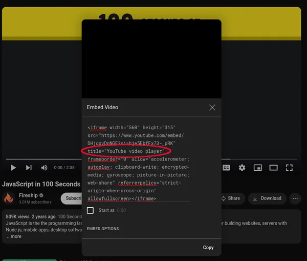 The YouTube embed snippet contains an iframe with the title attribute that contains a value of 'YouTube Video Player'