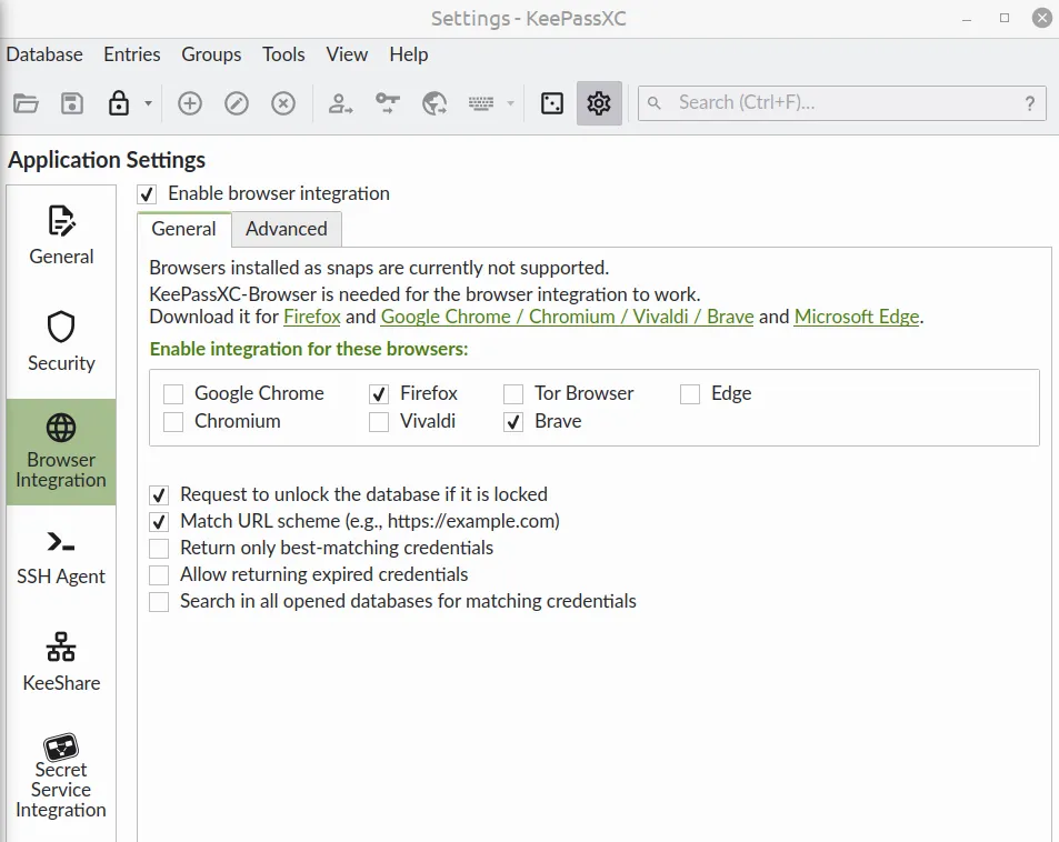 browser integration tab in settings